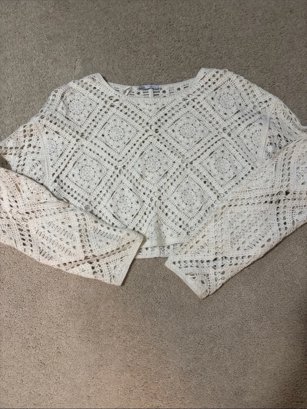 Zara Crochet Openwork Cropped Top - Cream